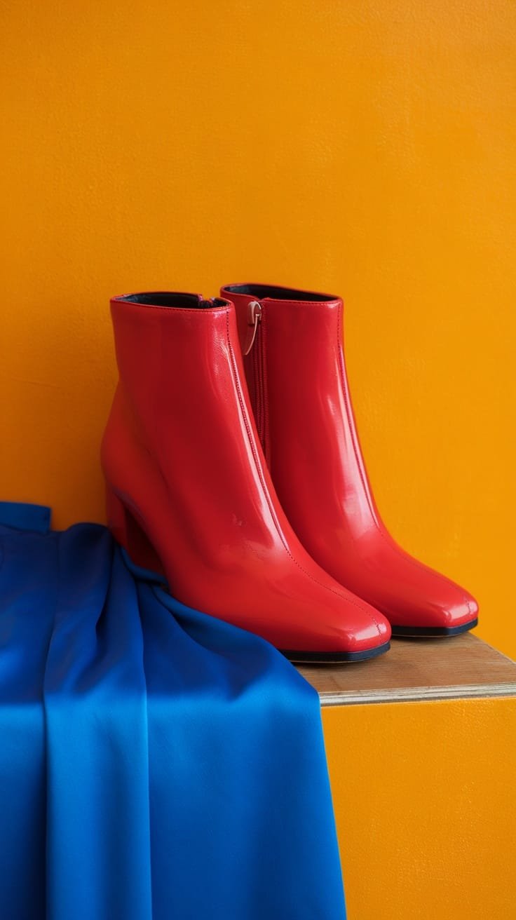 Red ankle boots on a wooden surface next to a blue fabric, set against an orange background.