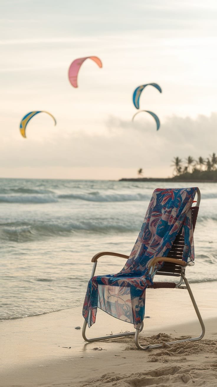 A chair on the beach with a colorful cover-up, kites flying in the background