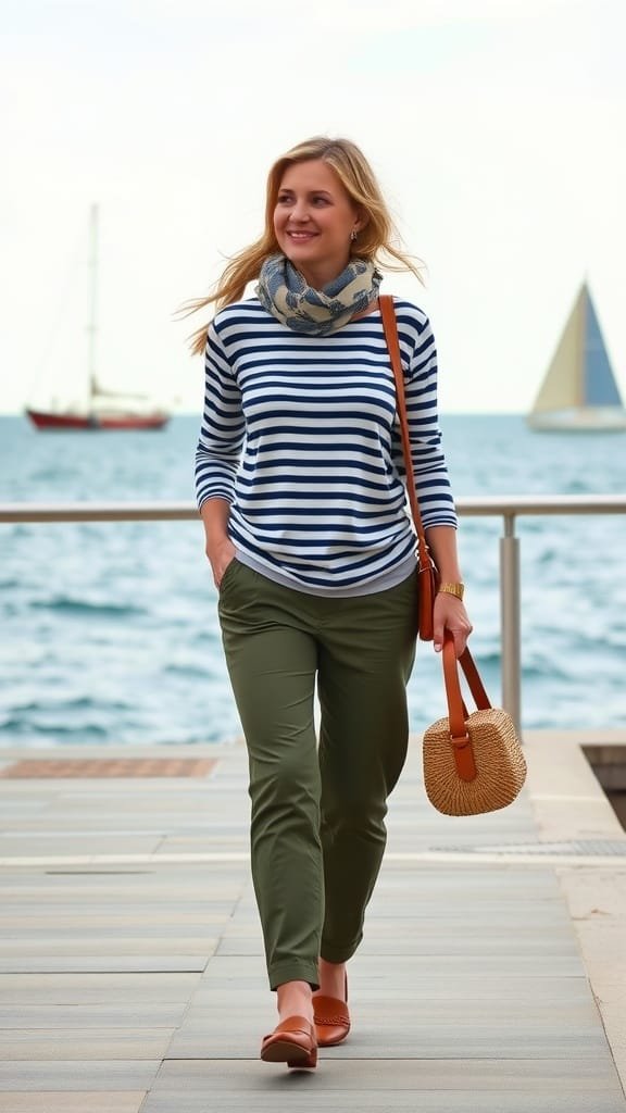 A woman in a striped Breton top and olive green pants smiles while walking by the water.