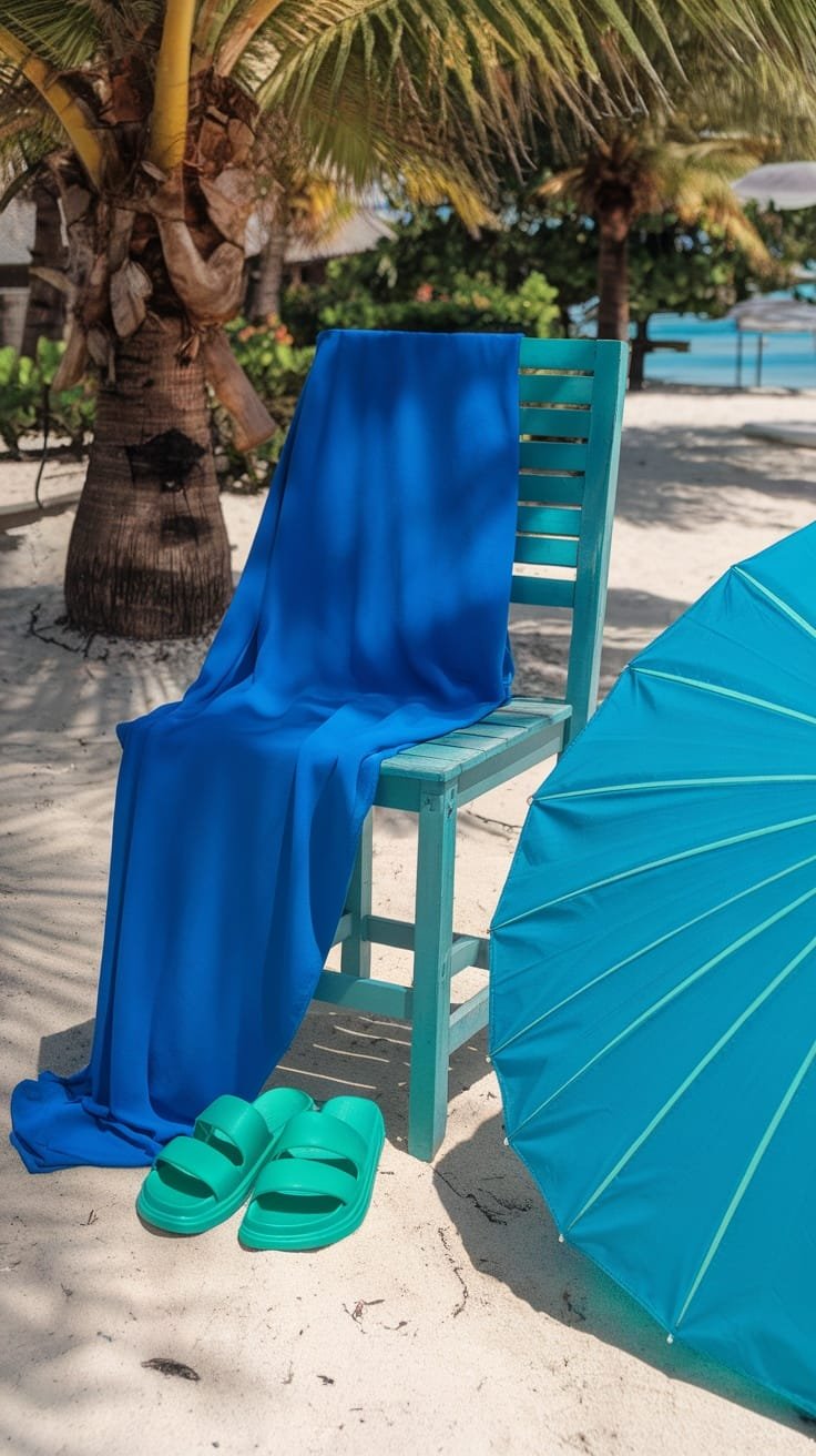 Bright green sandals placed beside a blue draped fabric on a beach chair, with a turquoise umbrella in the background.