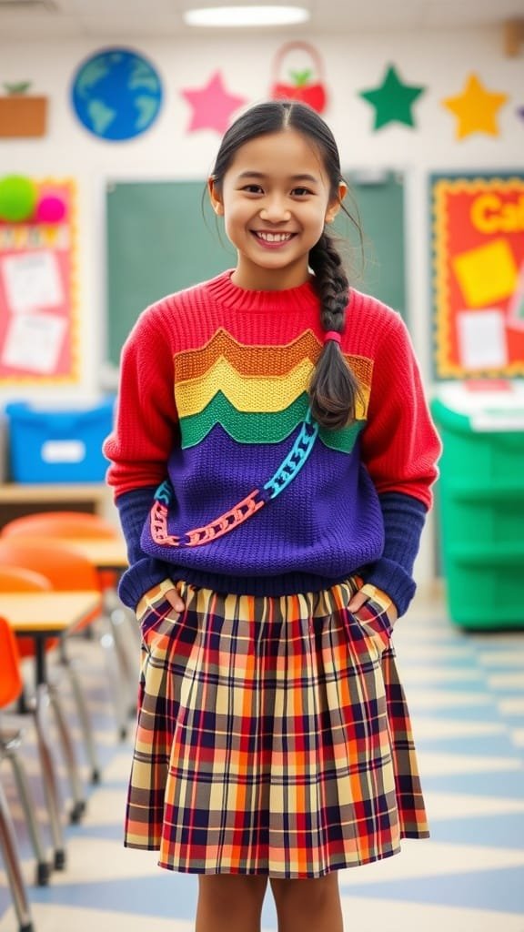 A smiling child wearing a bright rainbow sweater and plaid skirt in a classroom setting.