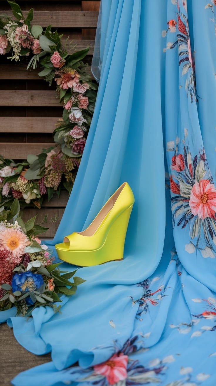 A pair of bright yellow wedges next to a blue dress with floral patterns and surrounded by colorful flowers.