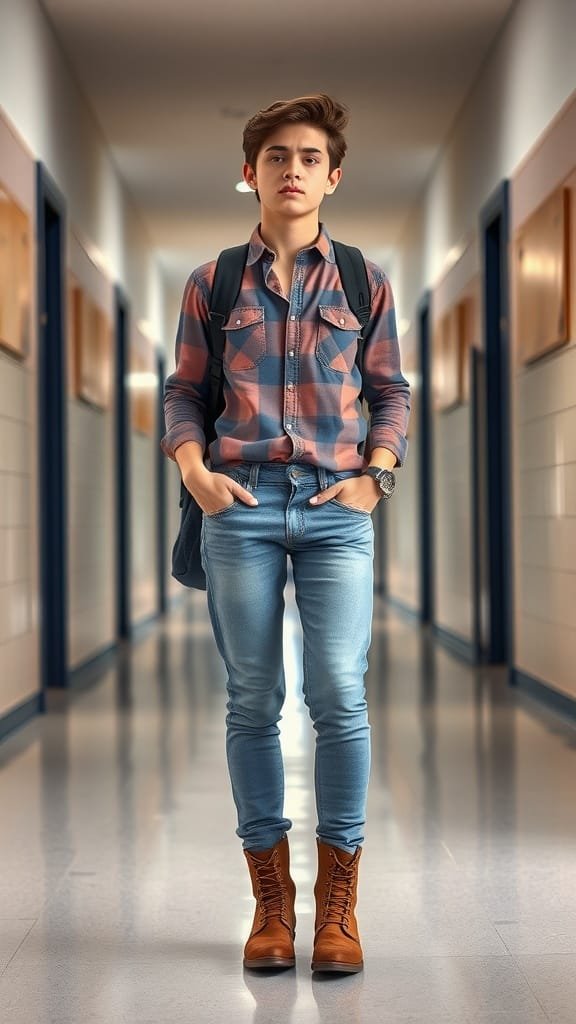 A young person wearing a plaid button-up shirt, jeans, and brown boots stands confidently in a school hallway.