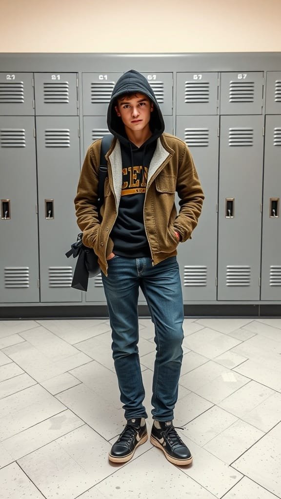 A student in a casual layered outfit with a hoodie, standing in front of school lockers