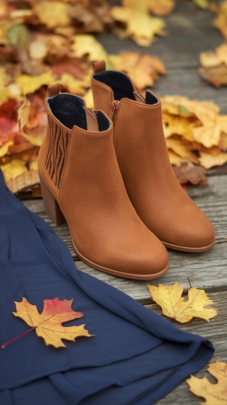 Chic brown ankle boots on a wooden surface with fallen leaves and a blue dress