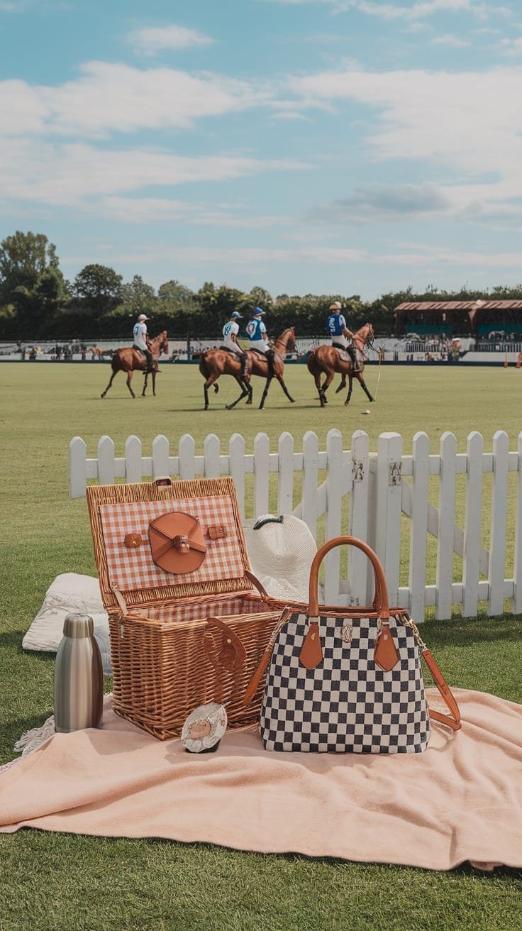 A stylish picnic setup with a wicker basket, checkered handbag, and casual outdoor items in a lively polo match setting.