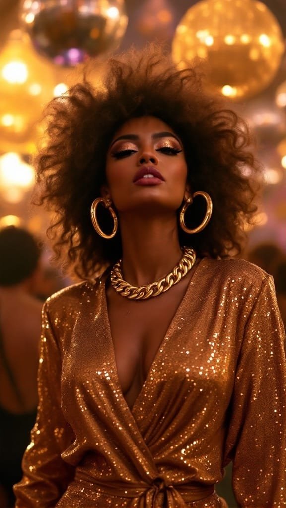 A model wearing chunky gold hoop earrings and a sleek gold chain, looking stylish.