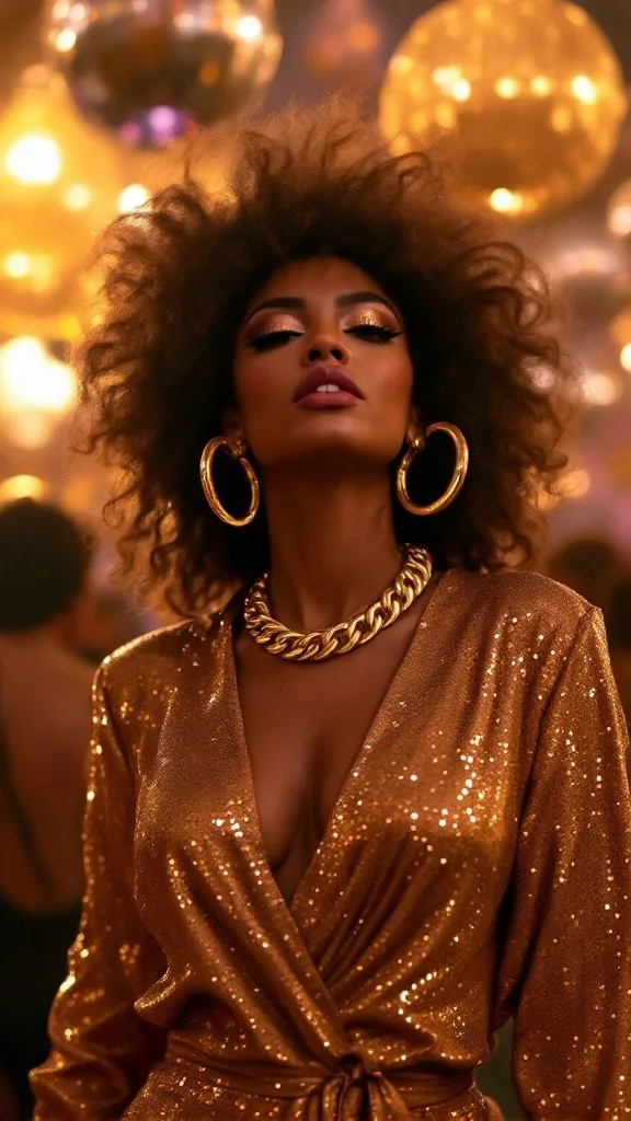 A model wearing chunky gold hoop earrings and a sleek gold chain, looking stylish.