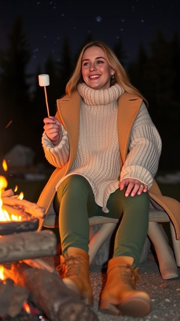 A woman sitting by a campfire, wearing a brown chunky sweater and olive green pants, smiling while holding a marshmallow on a stick.