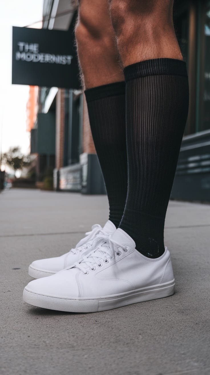 Close-up of white sneakers paired with black socks, showcasing a stylish contrast.