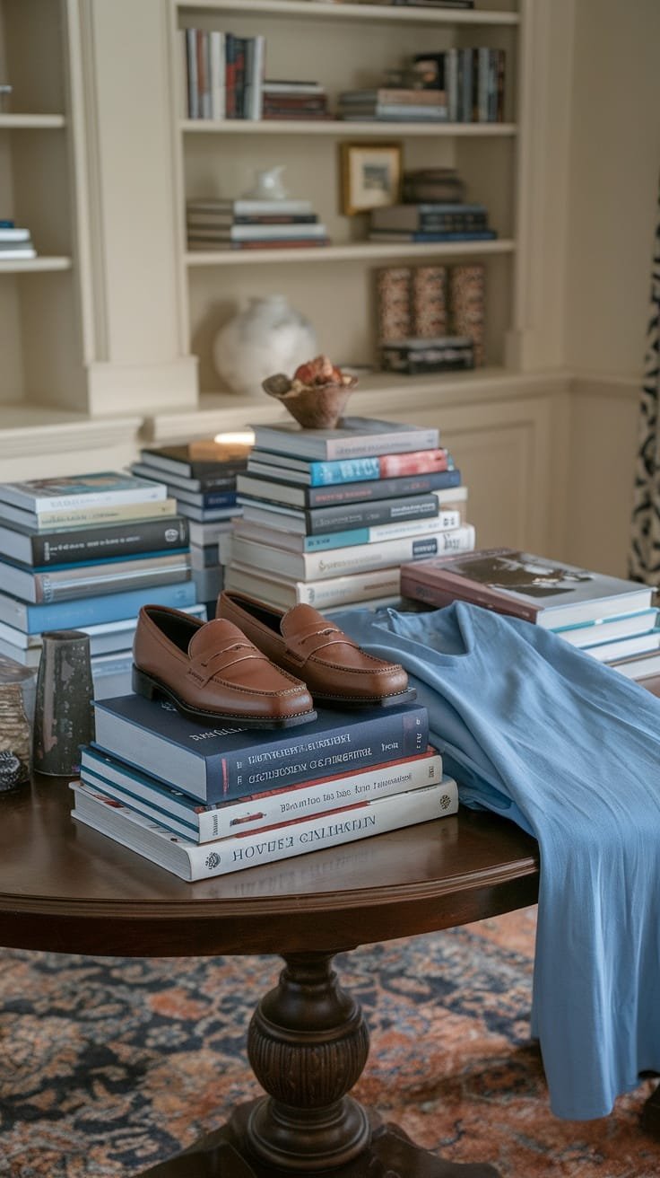 Brown loafers on top of a stack of books next to a blue dress