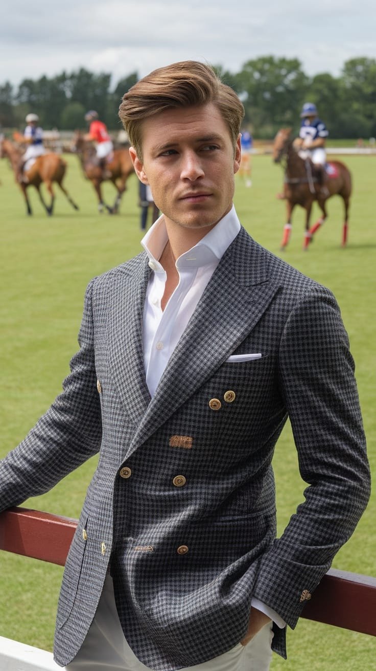 Man in a stylish checked blazer and white shirt at a polo match