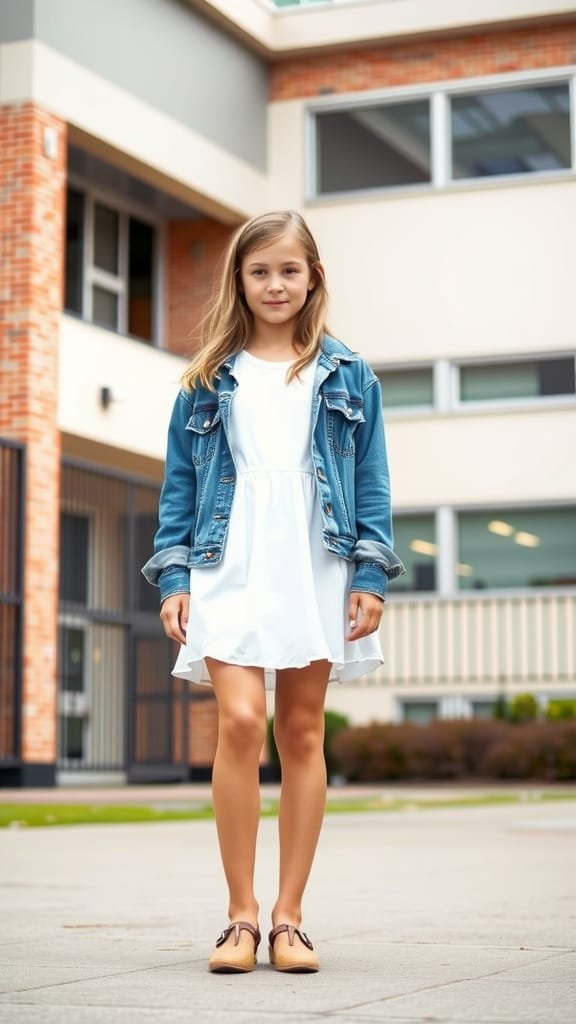 A young girl wearing a denim jacket and white dress, standing in front of a school building.