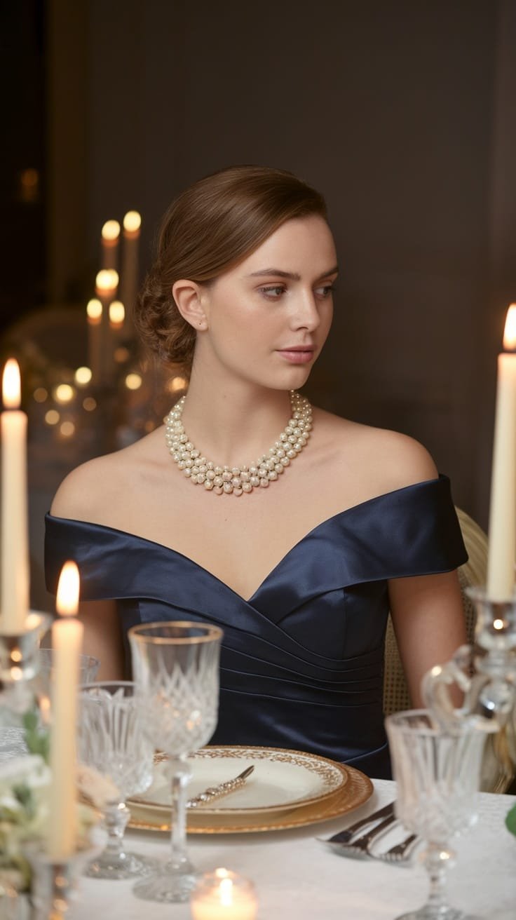 A woman wearing an off-the-shoulder dress and a classic pearl necklace, sitting at a table with candles and elegant dinnerware.