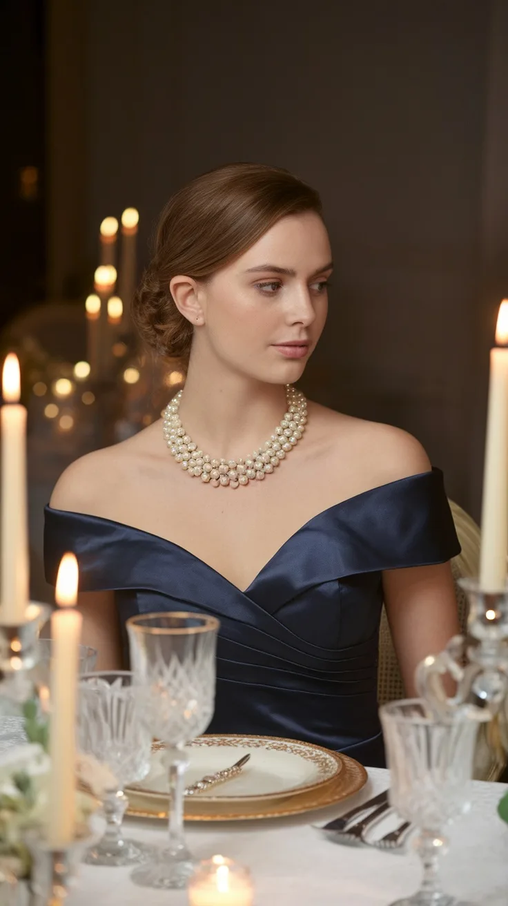 A woman wearing an off-the-shoulder dress and a classic pearl necklace, sitting at a table with candles and elegant dinnerware.