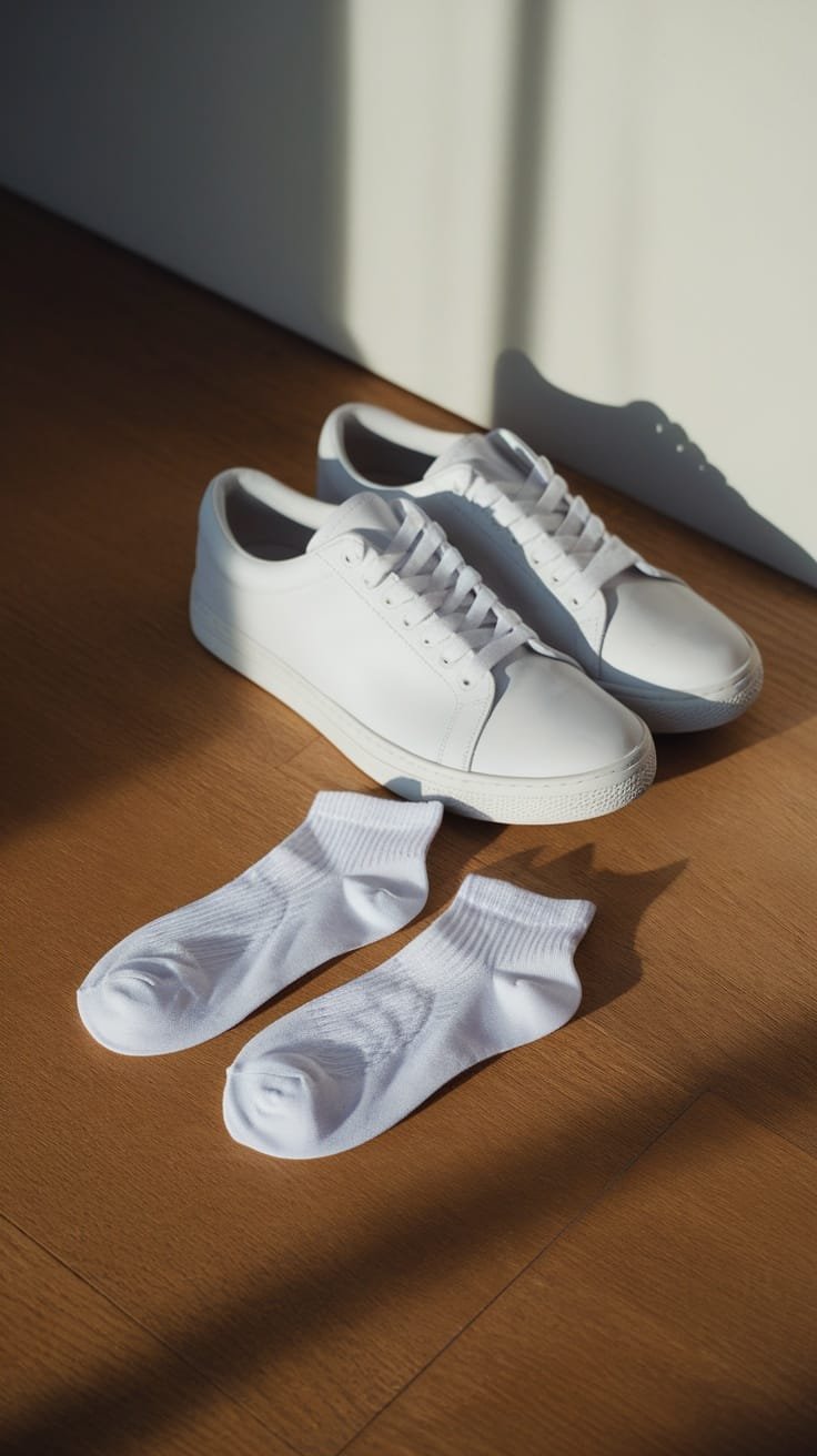 A pair of classic white ankle socks next to white sneakers on a wooden floor.