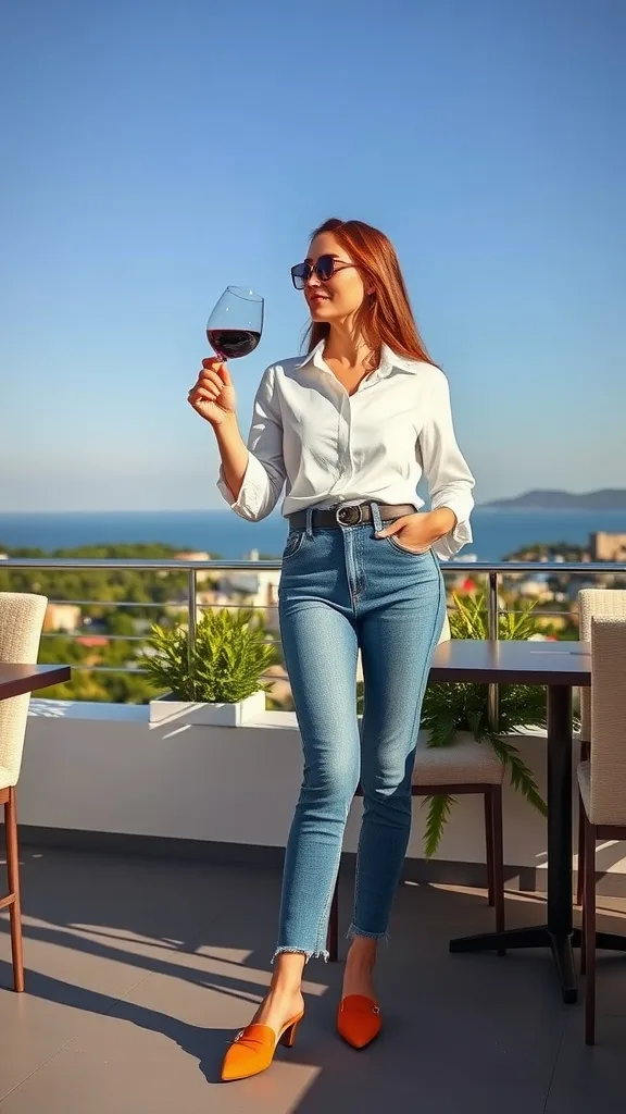 A woman in a white shirt and high-waisted jeans holding a glass of wine outdoors.