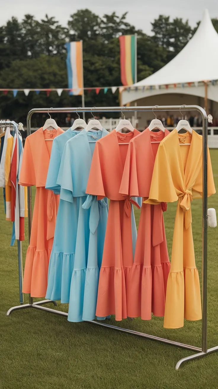 Colorful dresses on a rack at a polo match, featuring shades of blue, orange, and yellow.
