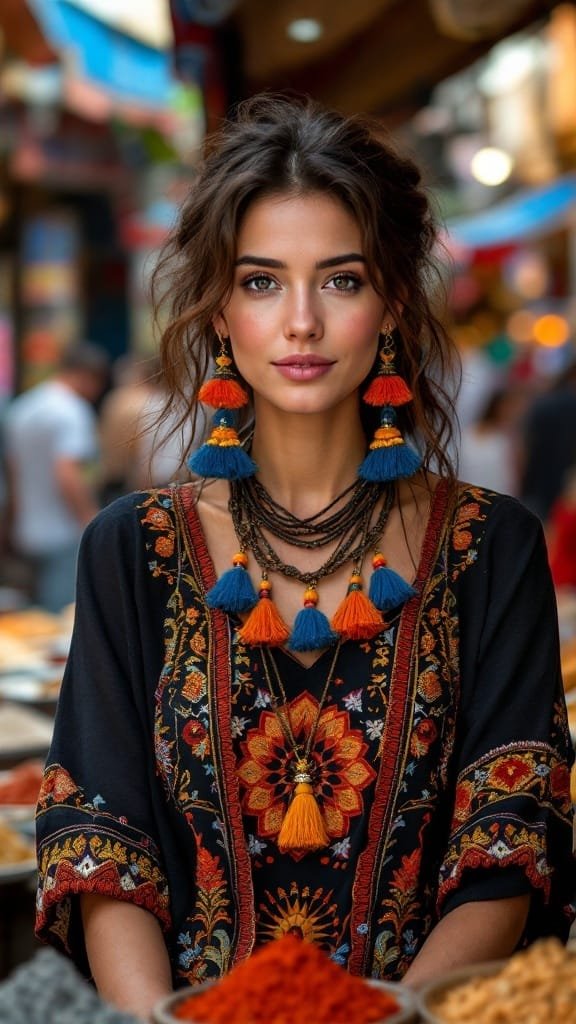 A woman wearing colorful tassel earrings and layered leather cords, showcasing a vibrant and stylish look.