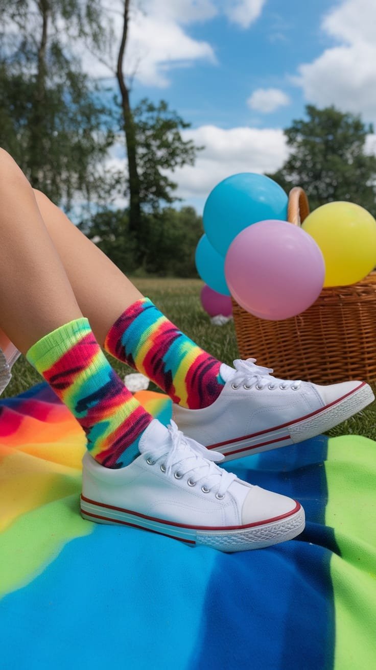 A pair of legs wearing colorful tie-dye socks paired with white sneakers, sitting on a vibrant blanket with balloons in the background.