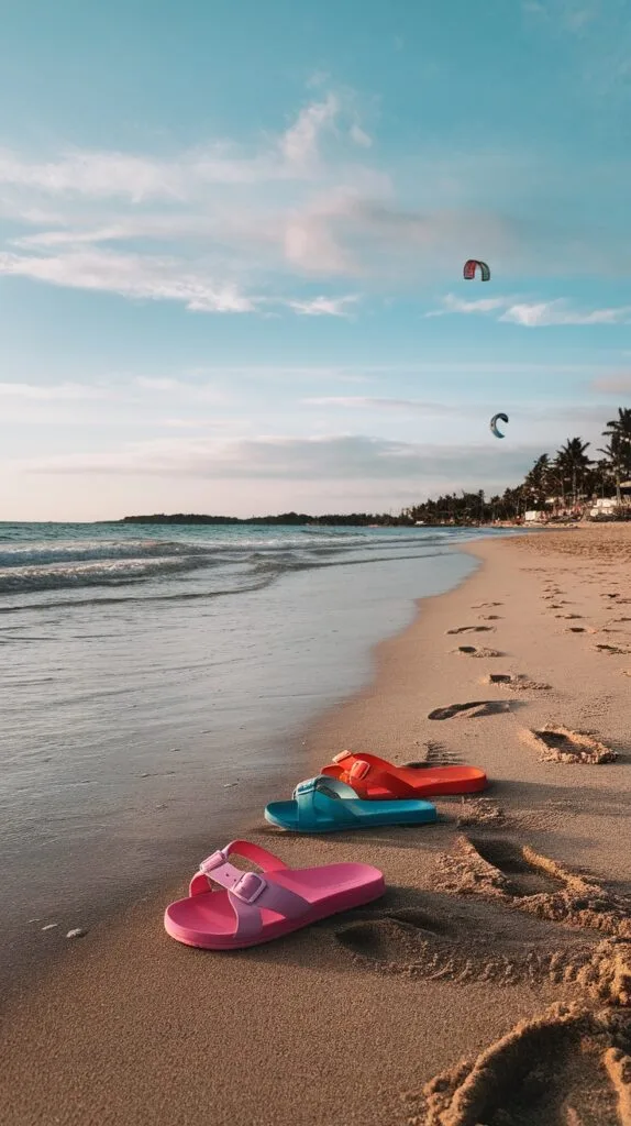 Colorful sandals on a sandy beach with a clear sky and water
