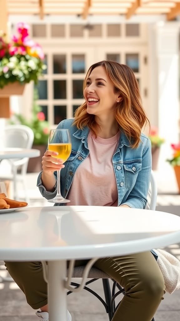 A woman enjoying a drink at a cafe, wearing olive green pants and a light pink cotton tee.