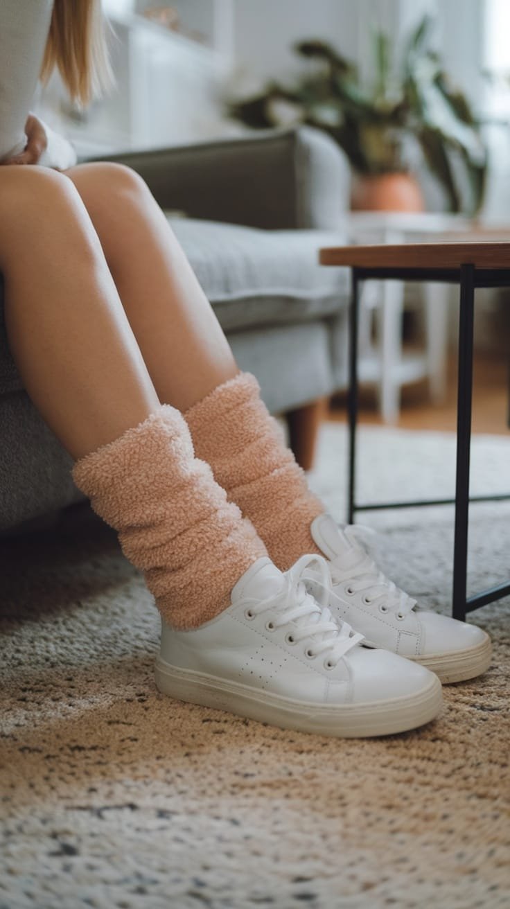 A pair of legs wearing cozy fuzzy pink socks with white sneakers, sitting on a rug next to a sofa.