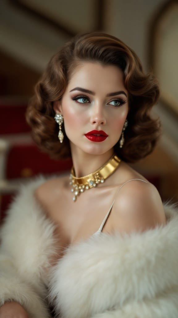 A woman wearing crystal drop earrings and a thin gold collar, looking elegant.