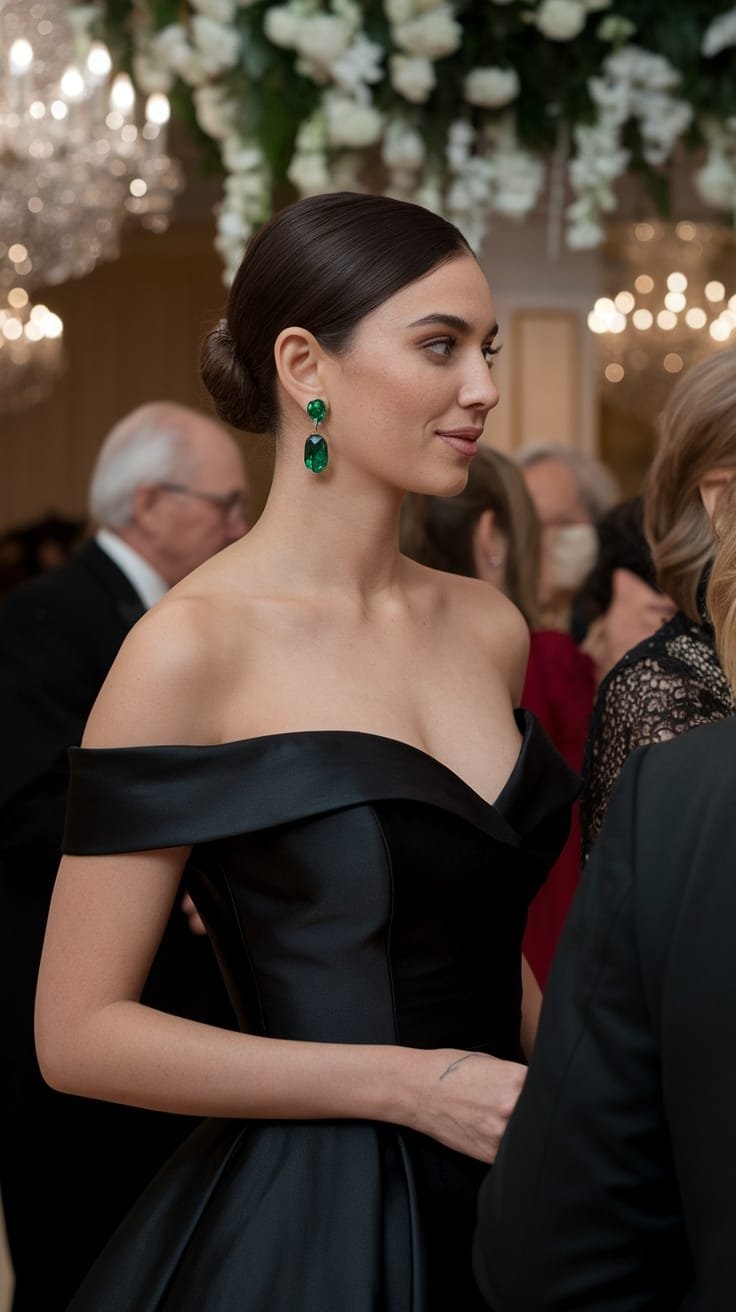A woman in an off-the-shoulder black dress wearing dangling emerald earrings.