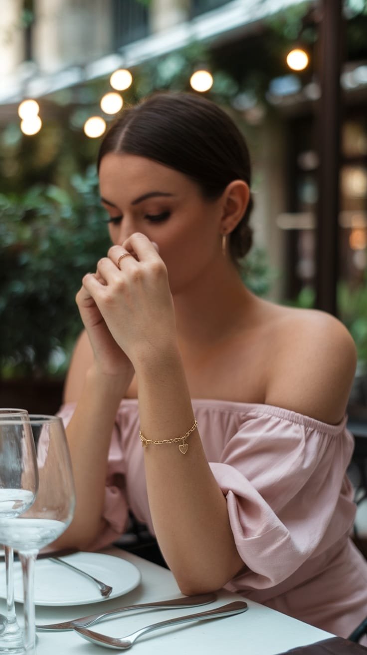 A woman wearing a delicate gold chain bracelet, sitting at a table, with an off-the-shoulder dress.