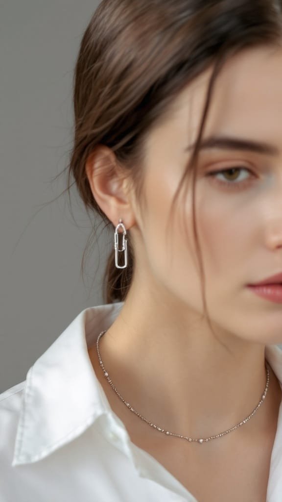 A close-up of a woman wearing tiny studded drop earrings and a delicate silver chain, showcasing a stylish jewelry combination.