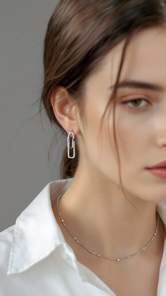 A close-up of a woman wearing tiny studded drop earrings and a delicate silver chain, showcasing a stylish jewelry combination.