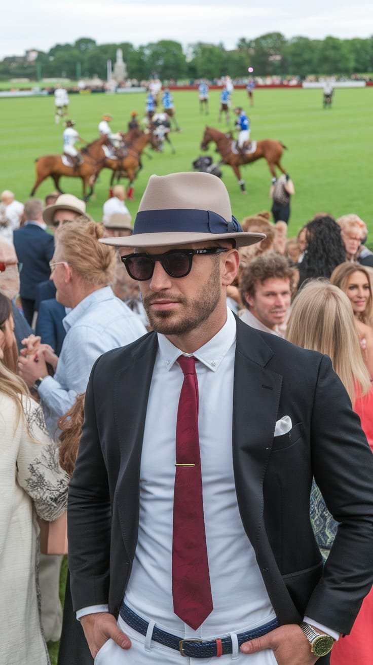 A stylish man in a tailored outfit at a polo match after-party.