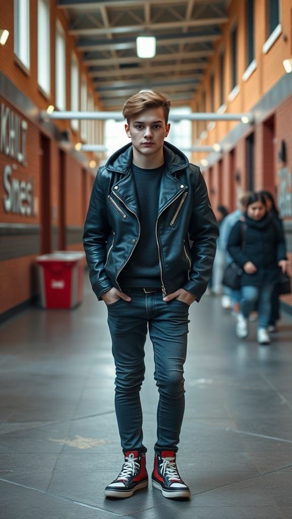 A young person wearing an edgy leather jacket and skinny jeans in a school hallway.