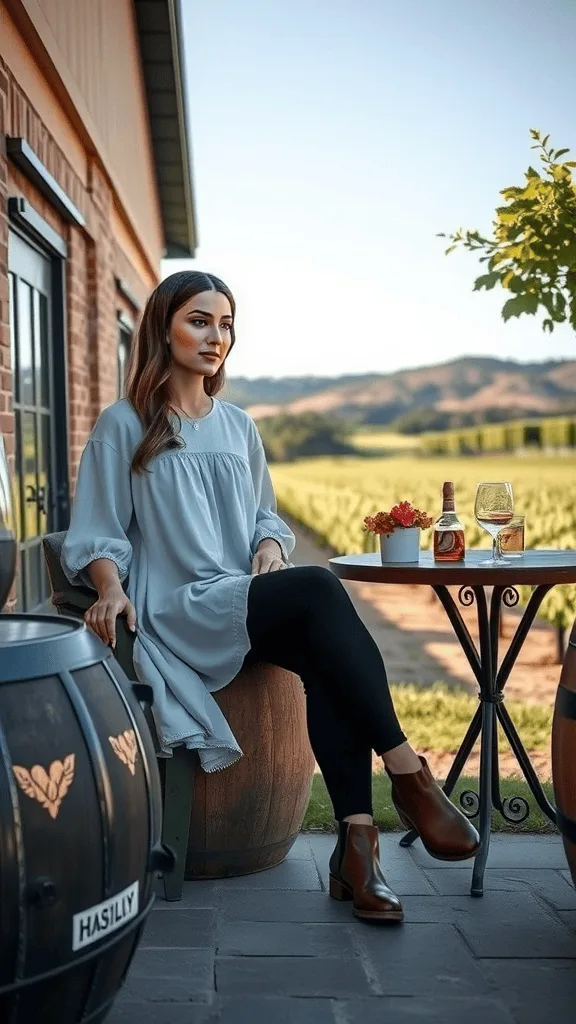 A woman in a long elegant tunic and leggings, holding a glass of wine, standing in a vineyard.