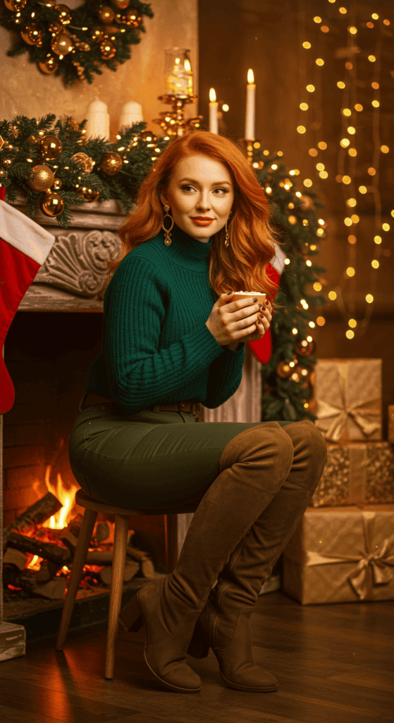 A woman wearing an emerald sweater and olive green pants, holding coffee, standing in a cozy setting.