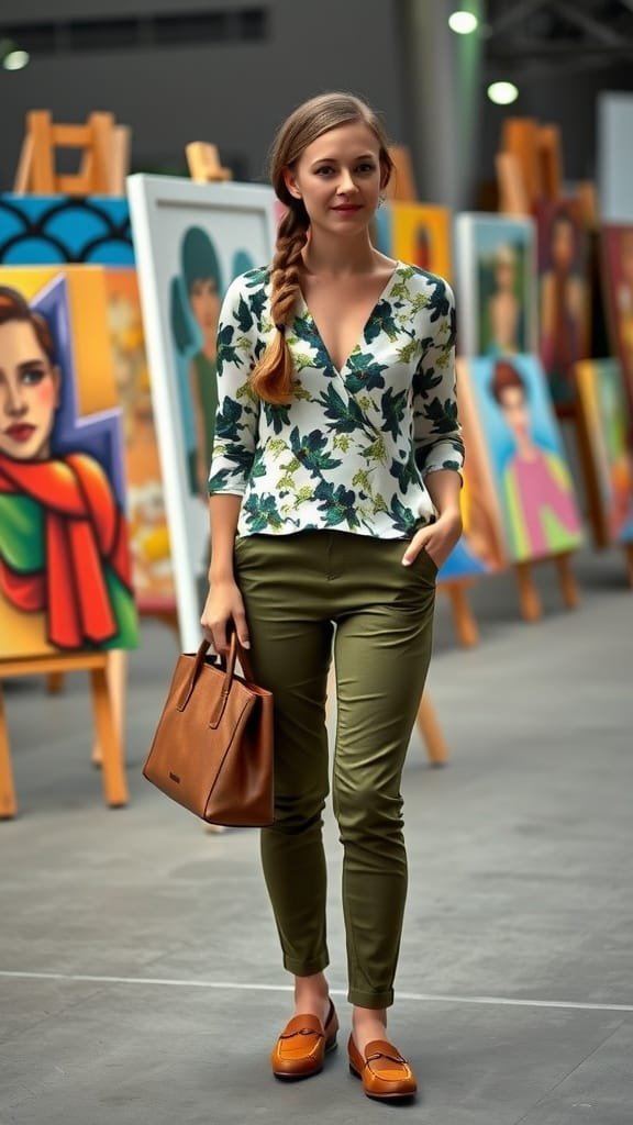 A woman wearing a fitted floral top with olive green pants and a brown handbag, standing in front of colorful artwork.