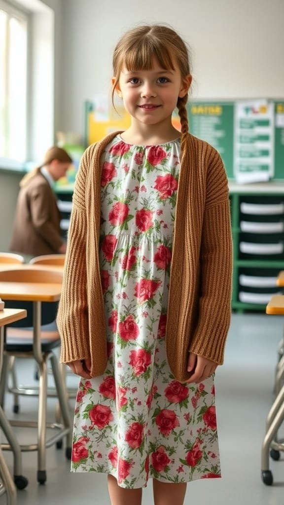 A child wearing a floral dress with a cardigan, smiling in a classroom.