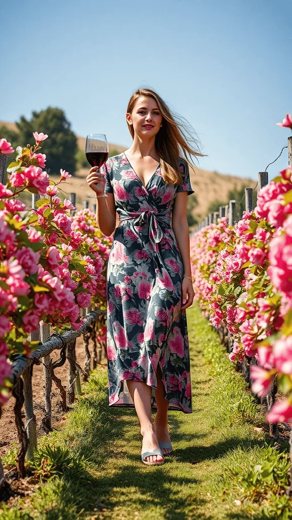 A woman in a floral wrap dress holding a glass of red wine, walking through a vineyard lined with pink flowers