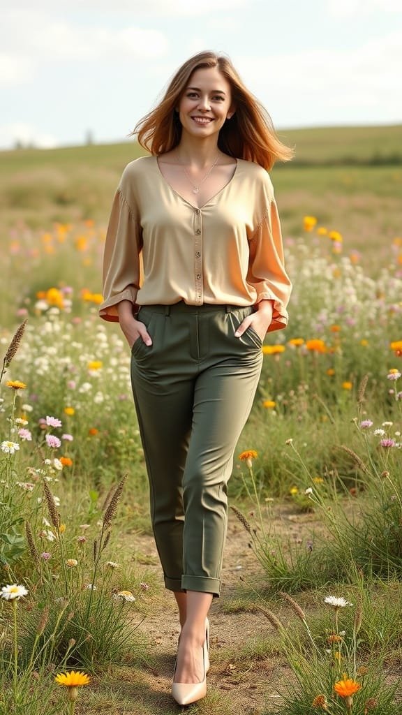 Woman wearing a tan flowy blouse with olive green pants in a flower field