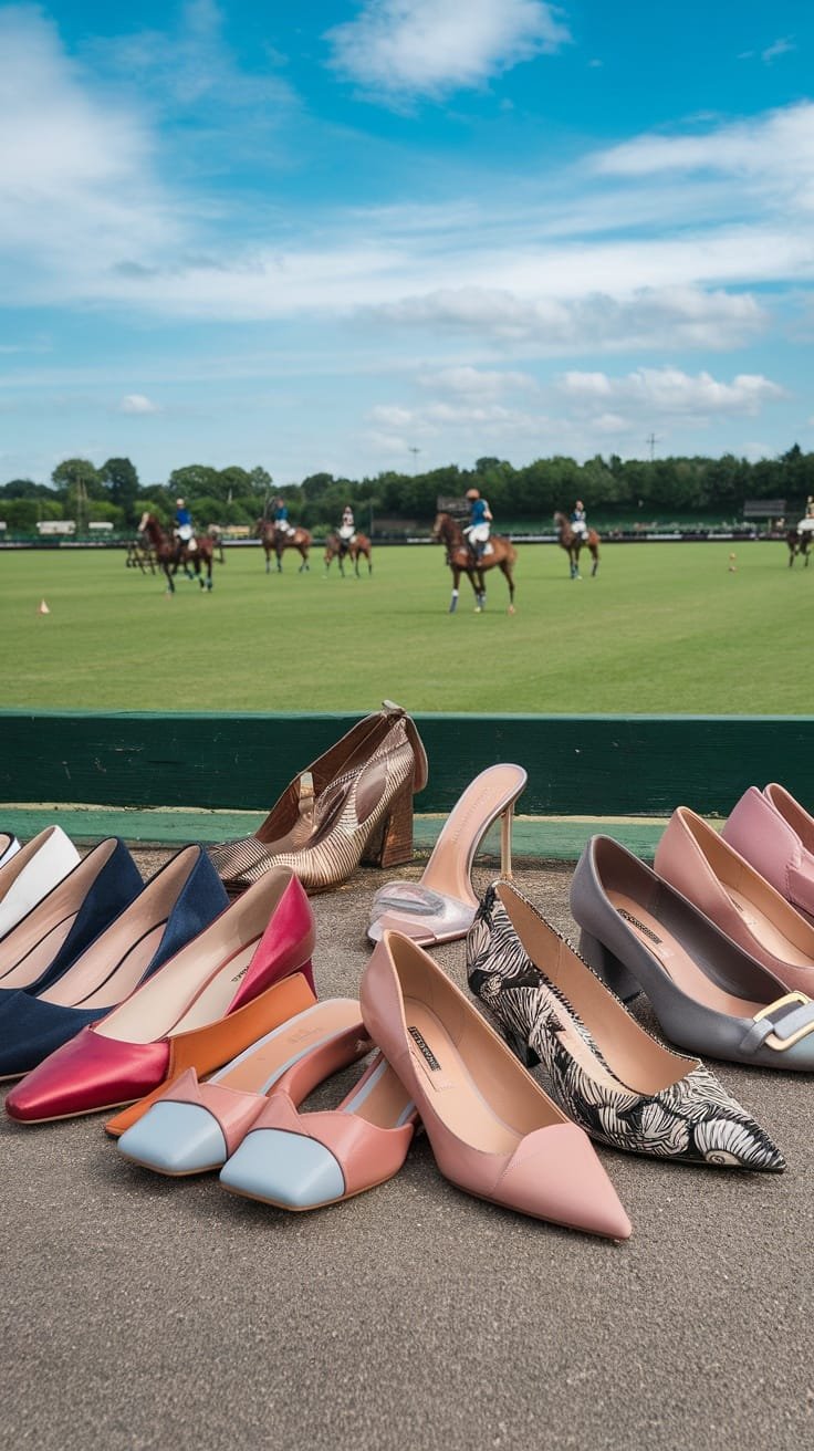 A selection of stylish shoes including heels and flats displayed on a grass field with polo players in the background.