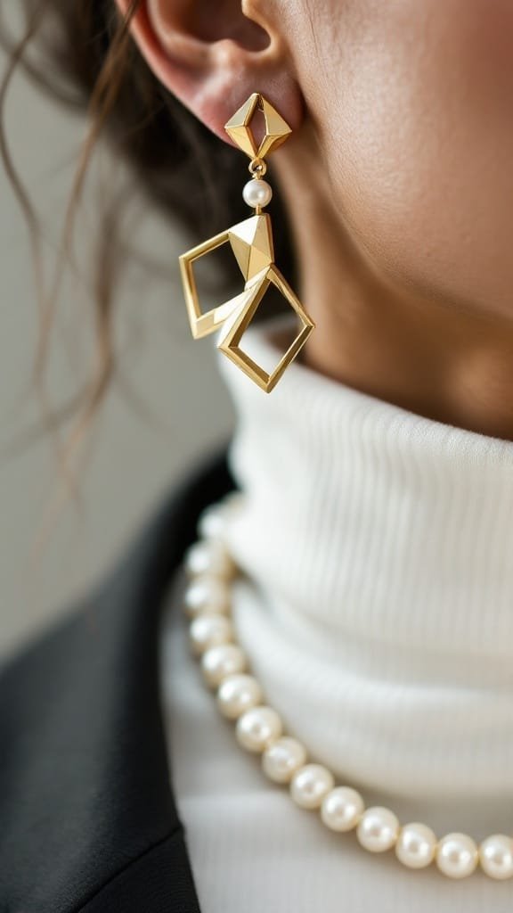Close-up of a model wearing geometric dangling earrings and a pearl strand necklace.