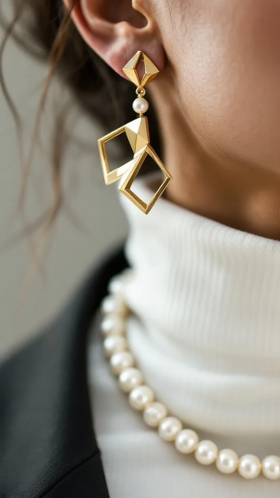Close-up of a model wearing geometric dangling earrings and a pearl strand necklace.