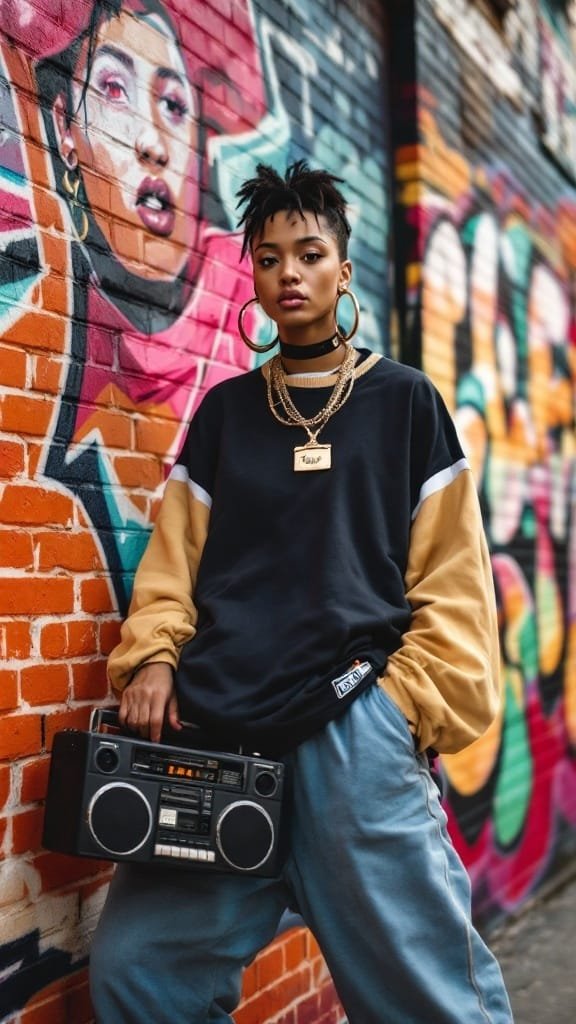 A young woman wearing giant hoop earrings and a thin choker, standing against a vibrant graffiti wall.