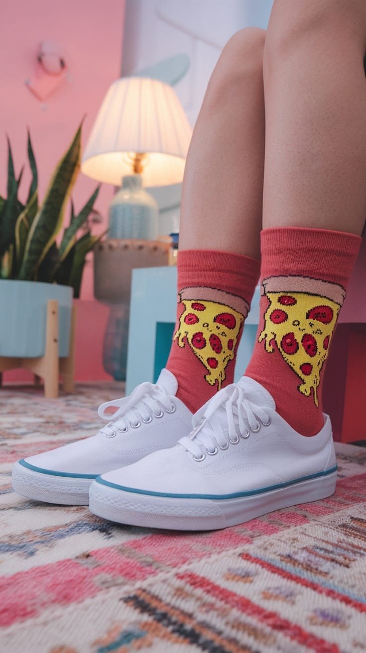 A close-up of white sneakers paired with graphic novelty socks featuring a pizza design.