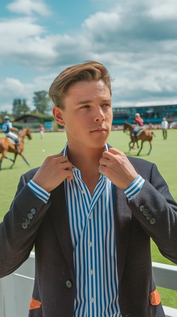 A well-groomed man adjusting his shirt collar at a polo match