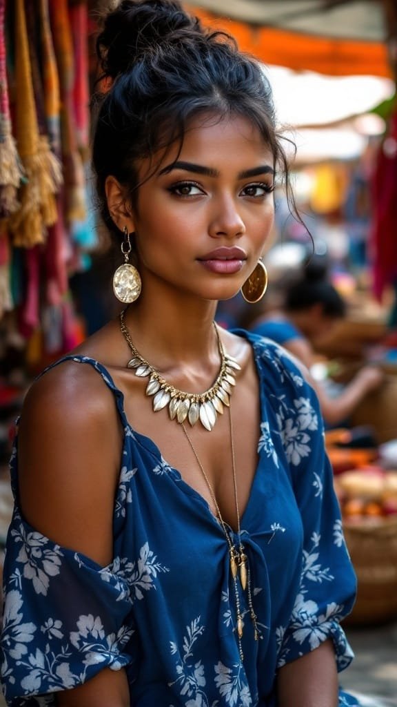 A woman wearing hammered brass earrings and a silver feather pendant, styled in a casual outfit.