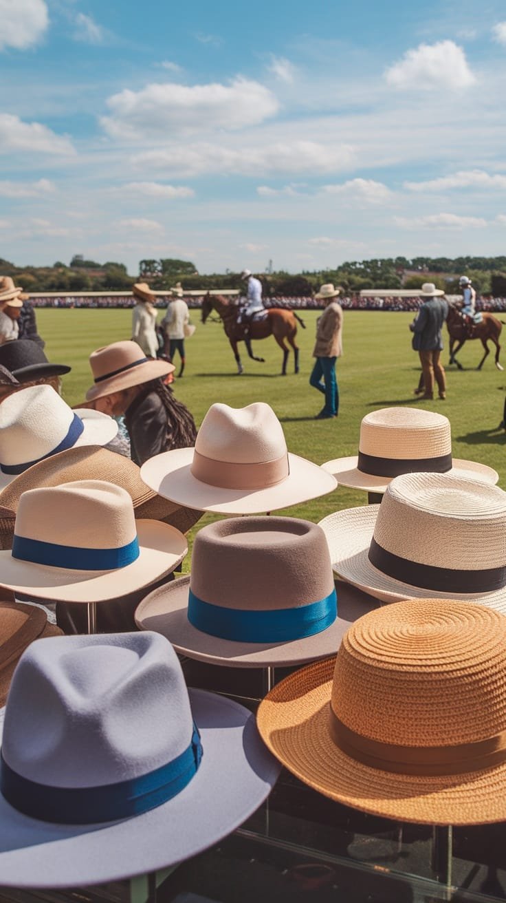 Various hats displayed at a polo match with people and horses in the background