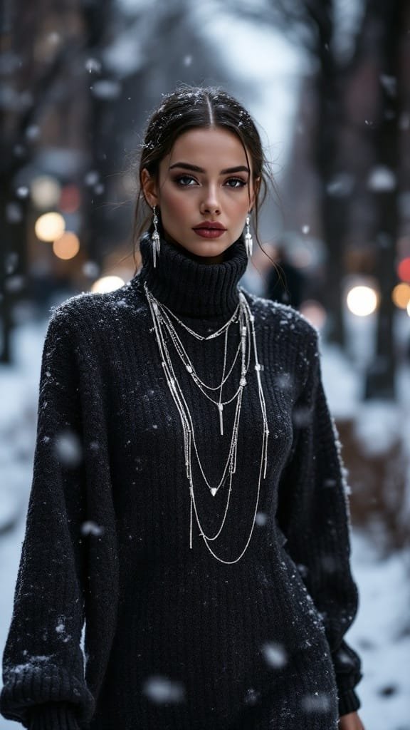 Woman wearing a black turtleneck sweater with long lariat necklace and dangling earrings in a snowy setting.