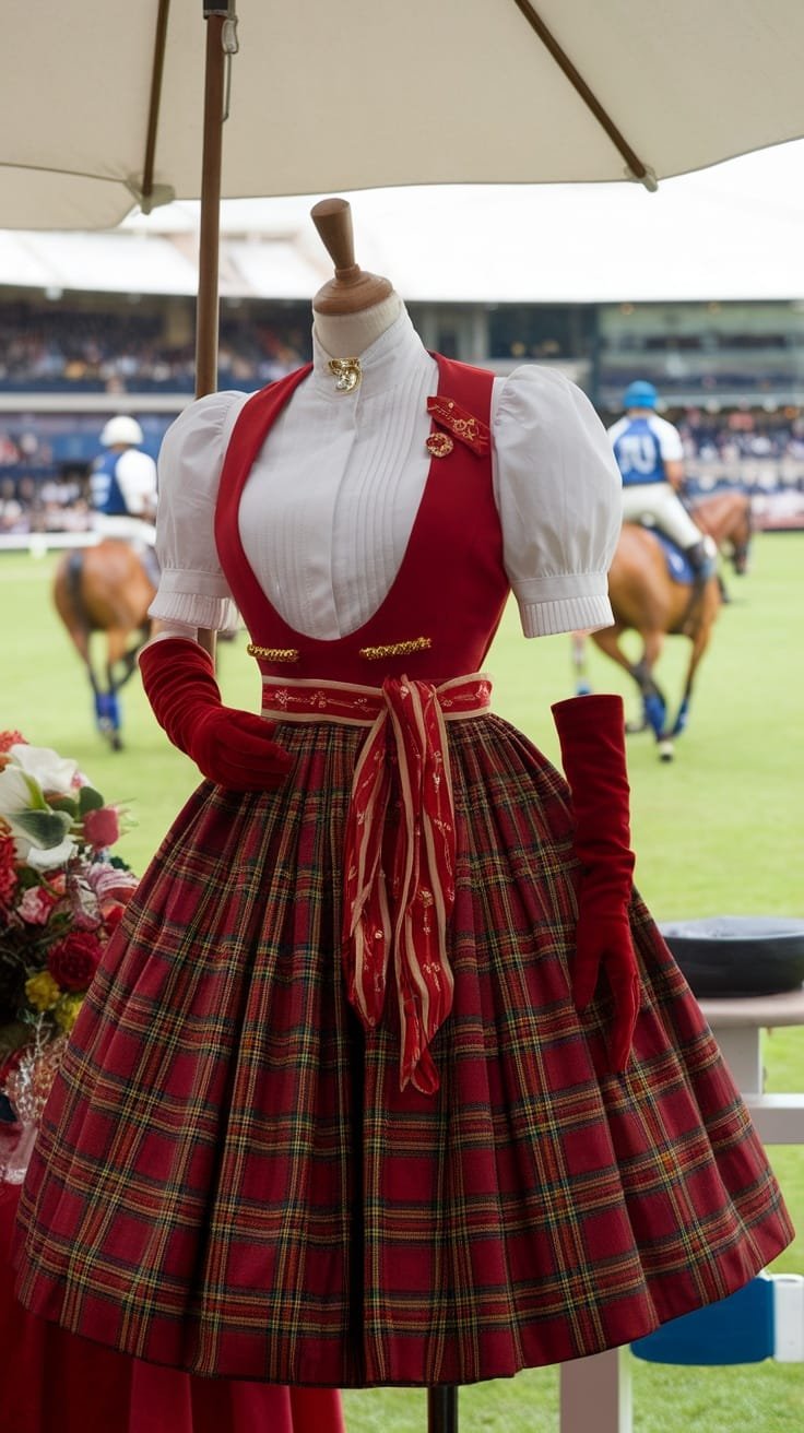 A red vintage-inspired dress with a plaid skirt, complete with red gloves and accessories, displayed elegantly at a polo match.